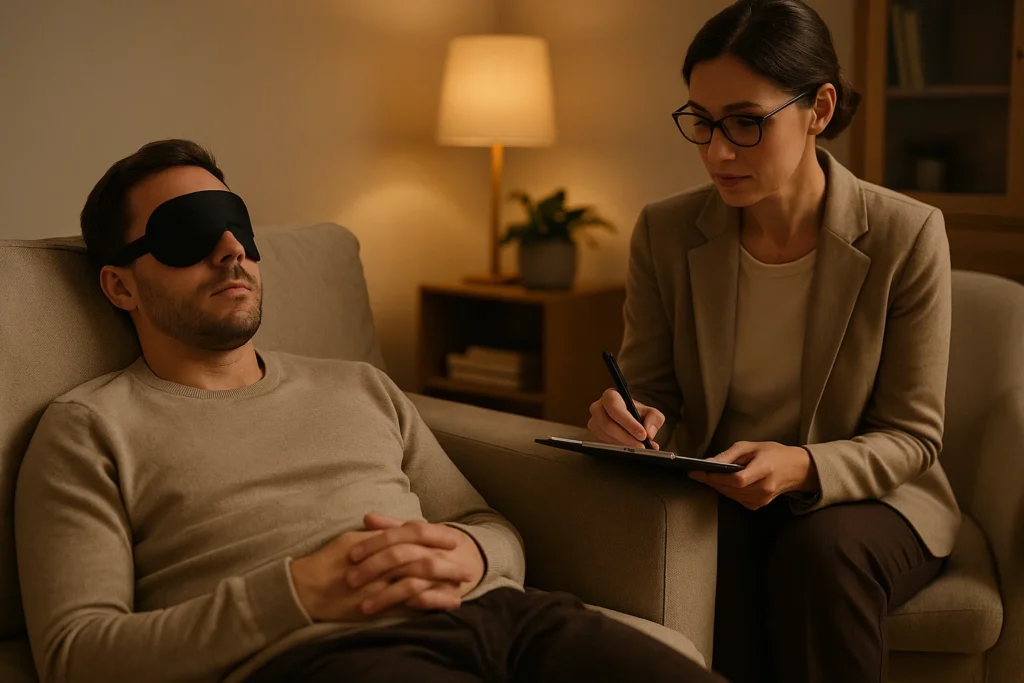 Therapist attentively sitting next to a patient resting on a couch during a guided psilocybin-assisted therapy session.