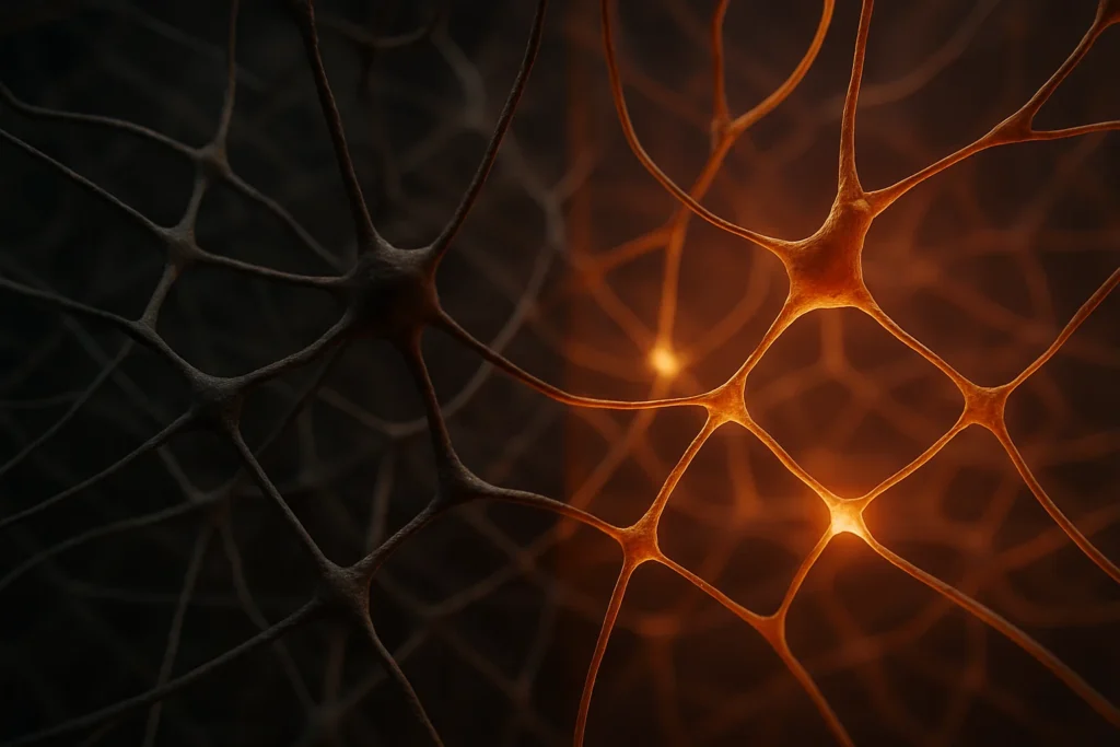 Artistic and realistic comparison of two neural networks: one rigid and closed, the other highly connected and open (representing neuroplasticity).