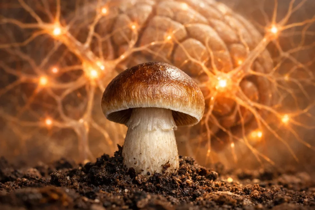 Close-up of a psilocybin mushroom next to a glowing, interconnected network of neurons, symbolizing brain rewiring and neuroplasticity.