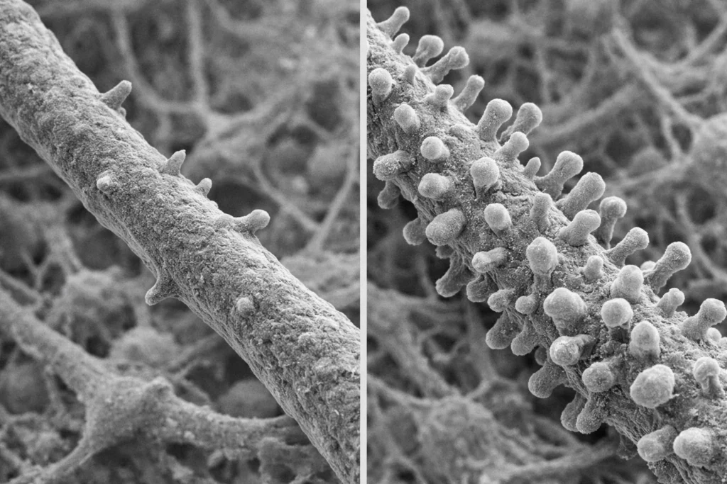 Microscopic view of a neuron's dendrite showing increased density and growth of dendritic spines, the receiving antennas of nerve cells, following psilocybin exposure.