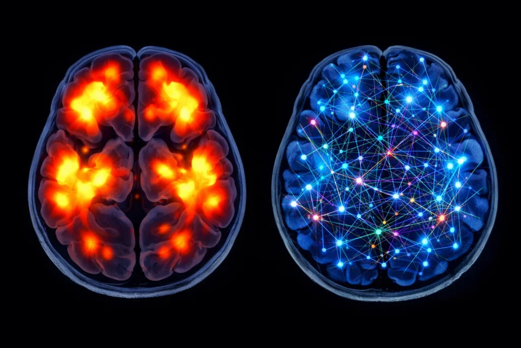 Comparative fMRI-style brain images showing the disruption of the rigid Default Mode Network (DMN) during a psychedelic experience and the resulting increase in global brain connectivity.