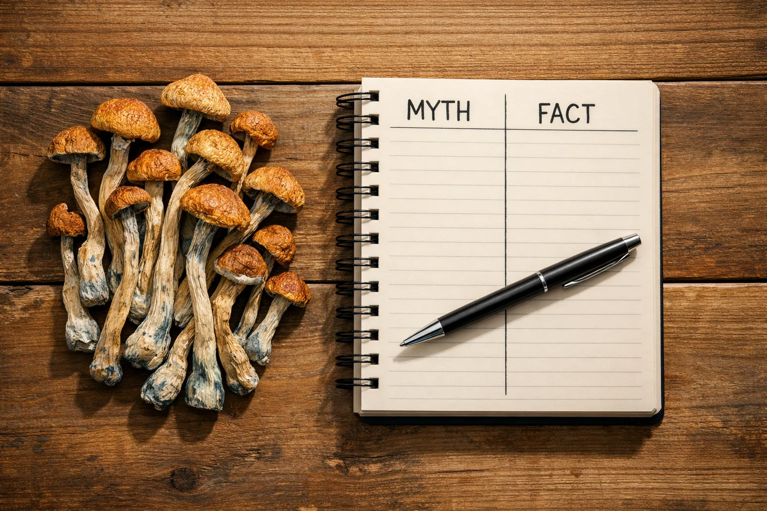 Dried magic mushrooms next to a notebook with 'Myth' and 'Fact' headings