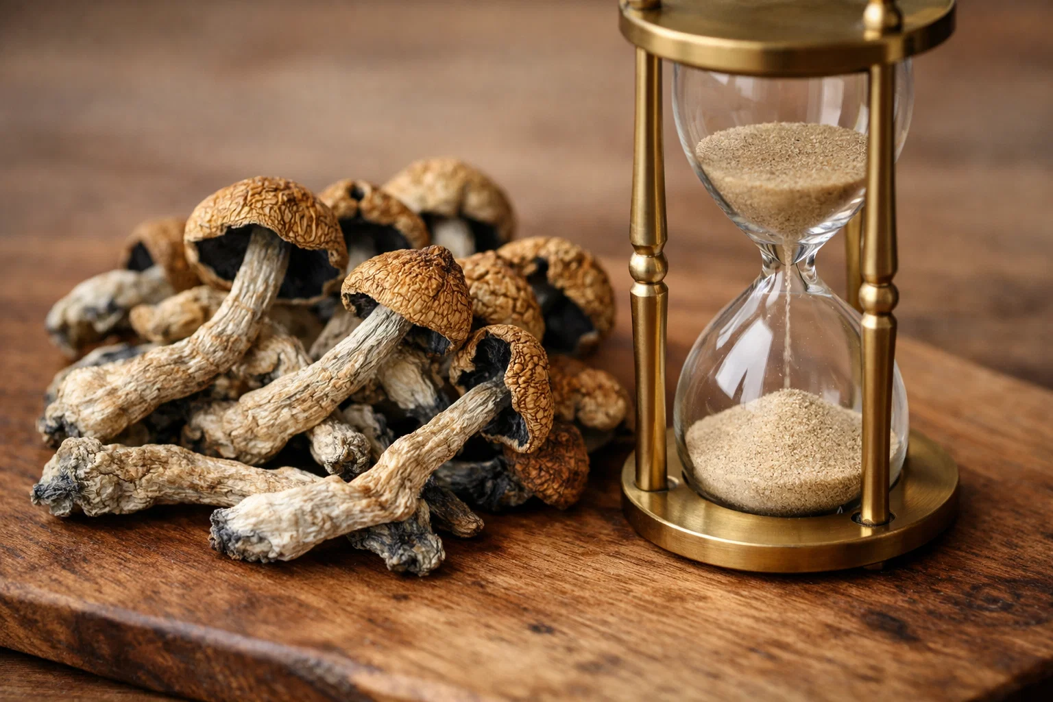 Dried psilocybin mushrooms next to an elegant hourglass on a wooden table, symbolizing the need for patience and waiting time between trips.