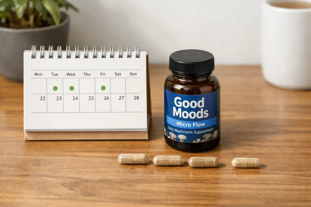 Microdosing schedule shown on a calendar next to a bottle of Good Moods microdosing capsules, illustrating the use of 'off-days' to prevent tolerance.