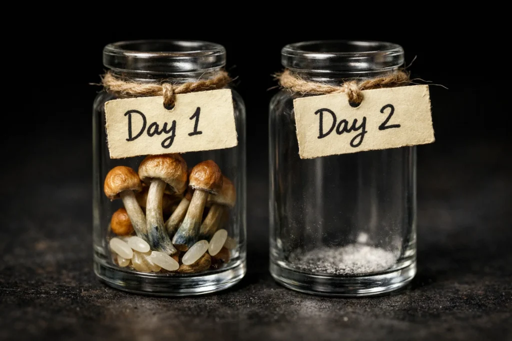 Two small glass containers labelled 'Day 1' with mushrooms and 'Day 2' empty, illustrating rapid psilocybin tolerance and diminished effect.
