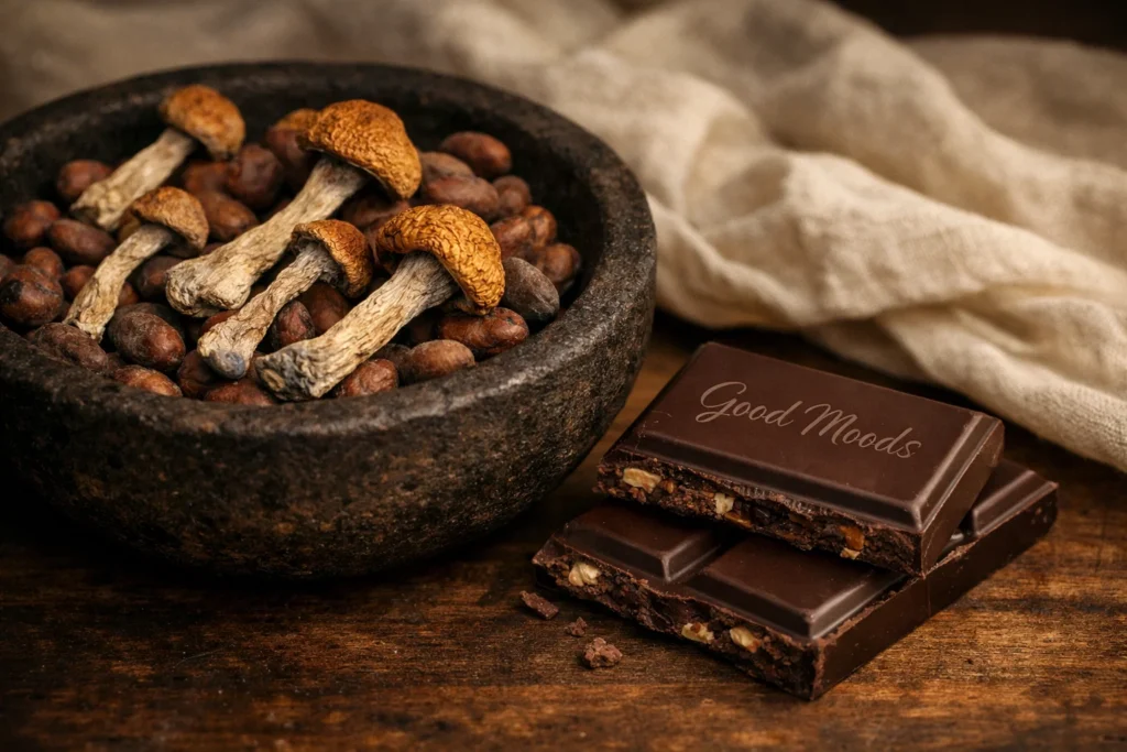 A modern Good Moods chocolate bar next to dried Psilocybe cubensis mushrooms and raw cocoa beans on a dark wooden table.