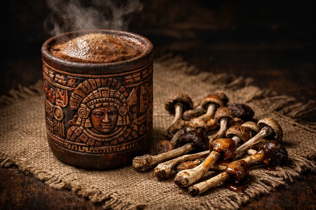 Dried psilocybin mushrooms placed next to a traditional Aztec-style ceramic cup containing frothy, ceremonial cacao drink.