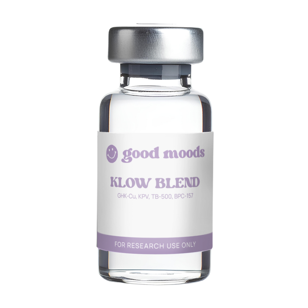 Clear glass bottle with a silver cap and a lavender label reading 'Good moods' and 'KLOW BLEND' for research use only.
