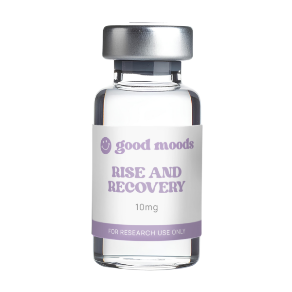 Clear glass vial with a silver cap, labeled 'Good moods Rise and Recovery' 10mg for research use only