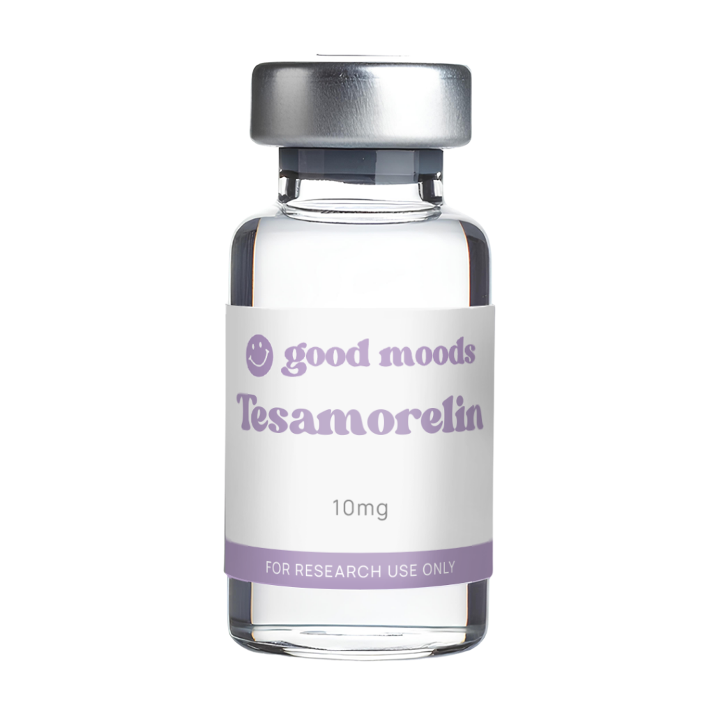 Clear glass vial with silver cap labeled “good moods Tesamorelin” 10 mg for research use only