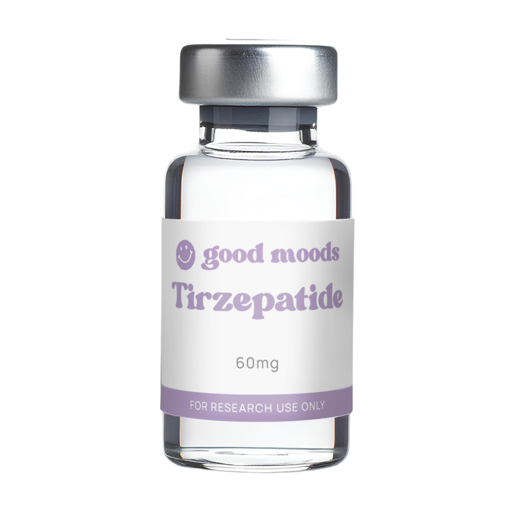 Glass vial with a silver cap; label reads 'Good moods Tirzepatide 60mg' and 'For Research Use Only' in a purple band around the bottom of the label.