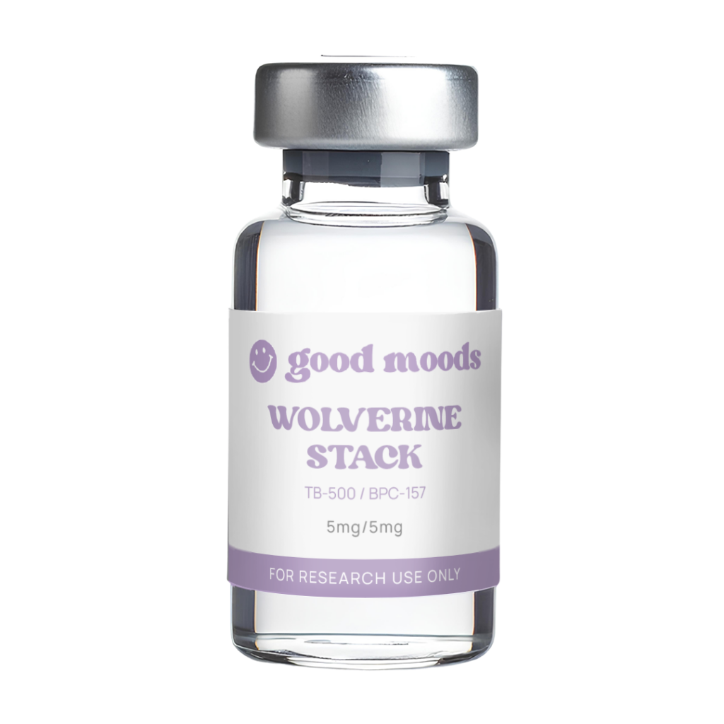 Glass vial with a metallic cap and a lavender-labeled bottle that reads 'Good moods' and 'Wolverine Stack' (TB-500 / BPC-157). For research use only.
