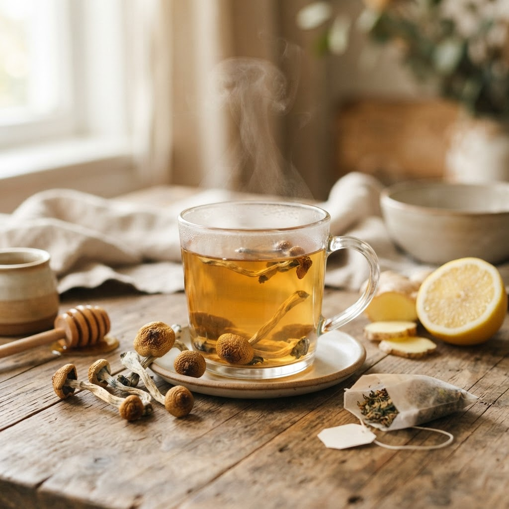 Glass mug of hot herbal tea with lemon slice, honey dipper, and dried herbs on a rustic wooden table.