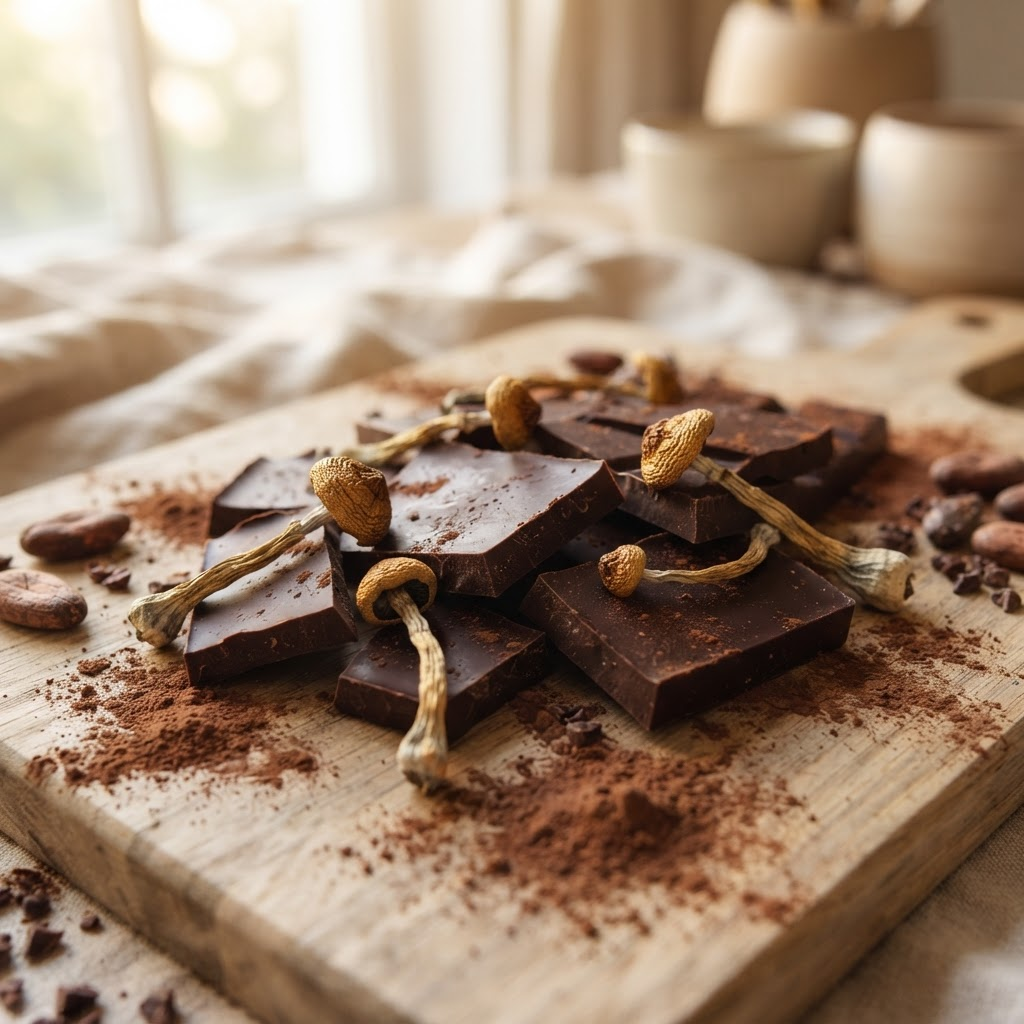 Dark chocolate pieces on a wooden board, garnished with dried mushrooms and cocoa powder dusting the surface.