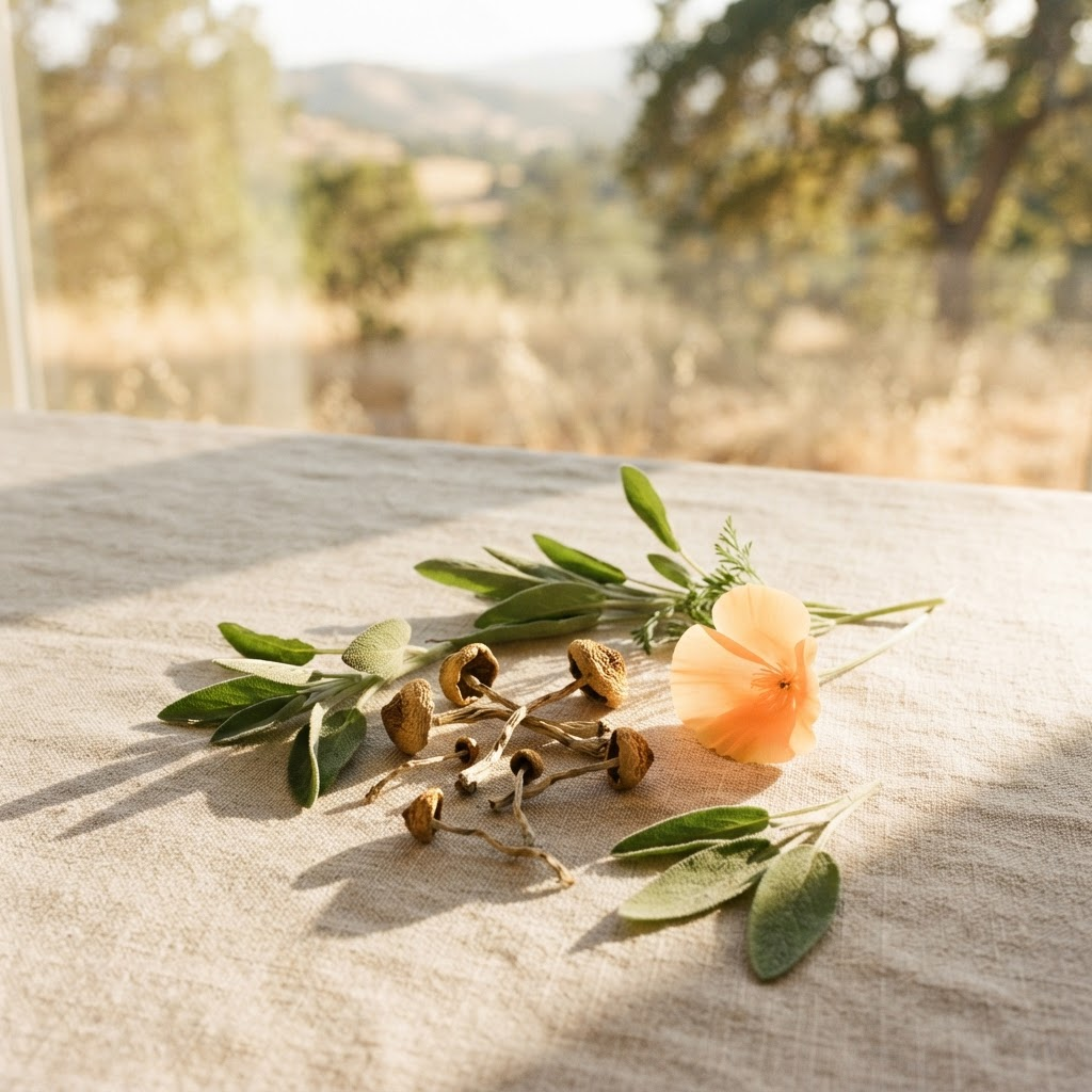 Peach-colored open poppy with green leaves and dried seed pods on a light beige tablecloth, sunlit outdoor scene behind.