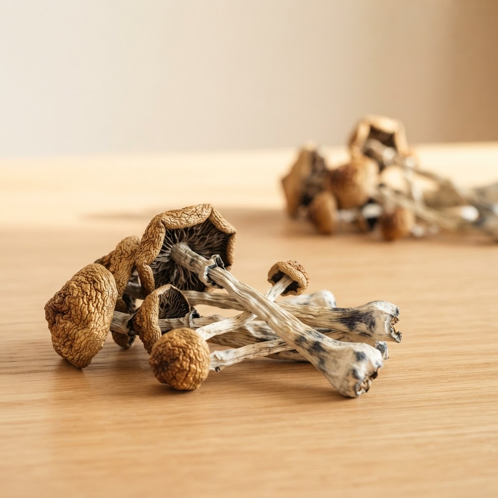 Dried mushrooms with brown caps and grayish stems on a wooden surface, clustered in the foreground.