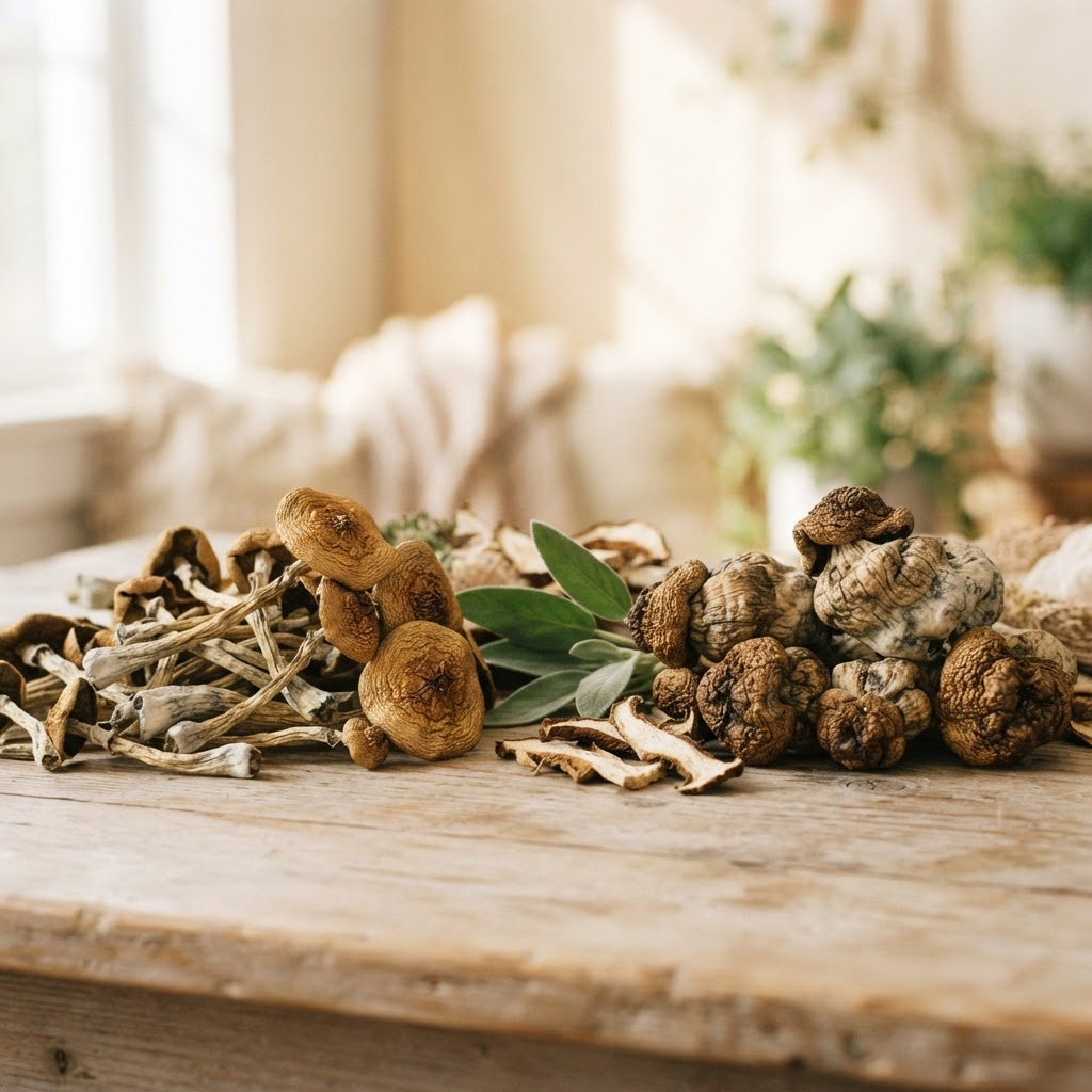 Assorted dried mushrooms scattered on a rustic wooden table with a soft, sunlit background.