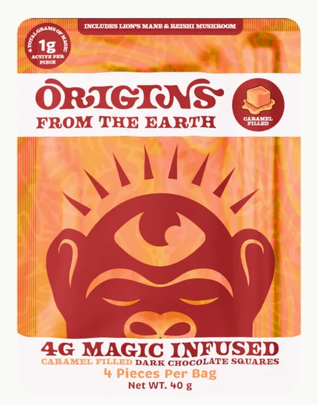 Origins From the Earth 4g Magic Infused Caramel Filled Chocolate package featuring bright orange and gold psychedelic artwork.
